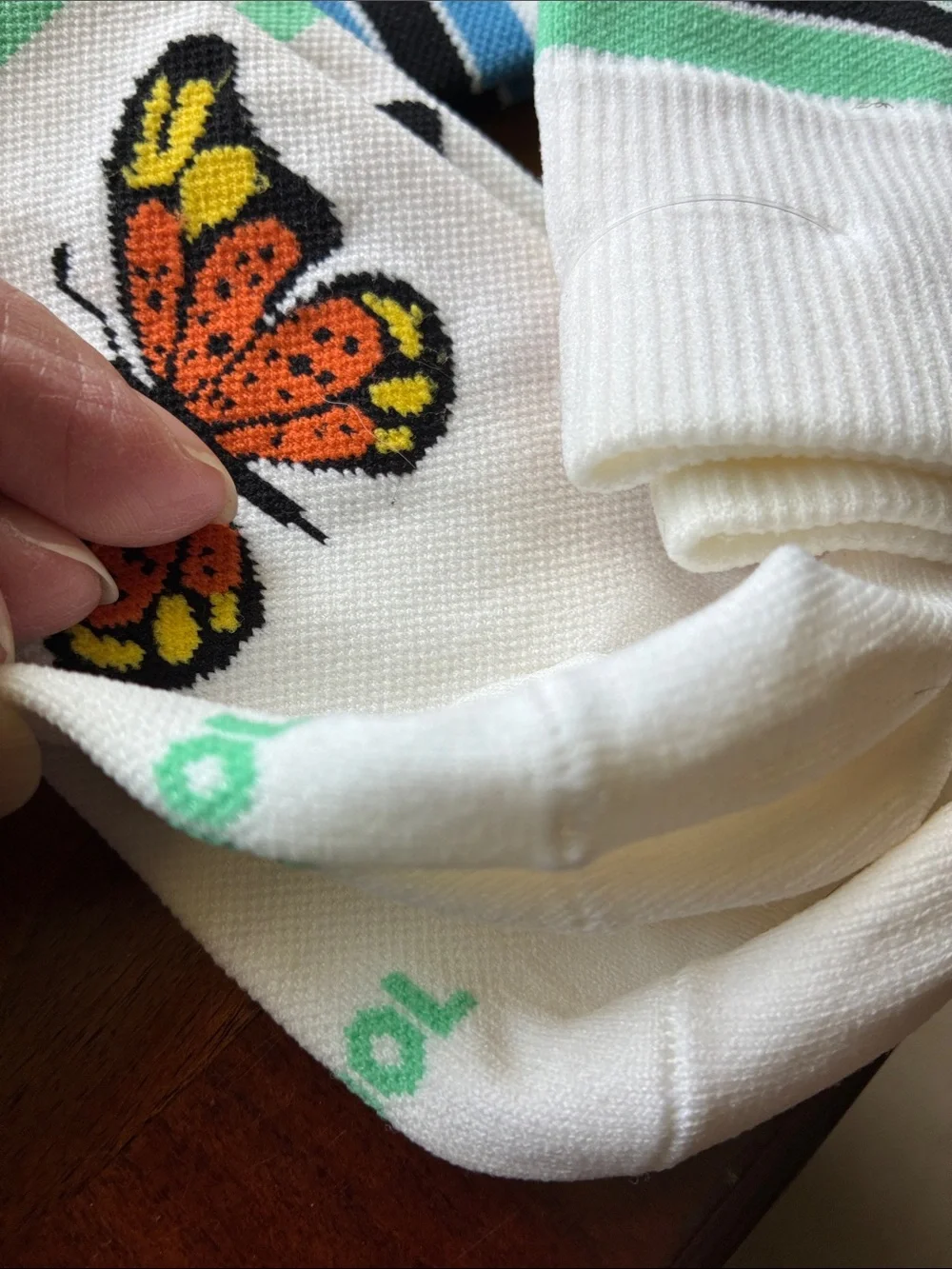 White Crew NWOT Socks with Orange & Yellow Butterfly Accent and Mint Stripes